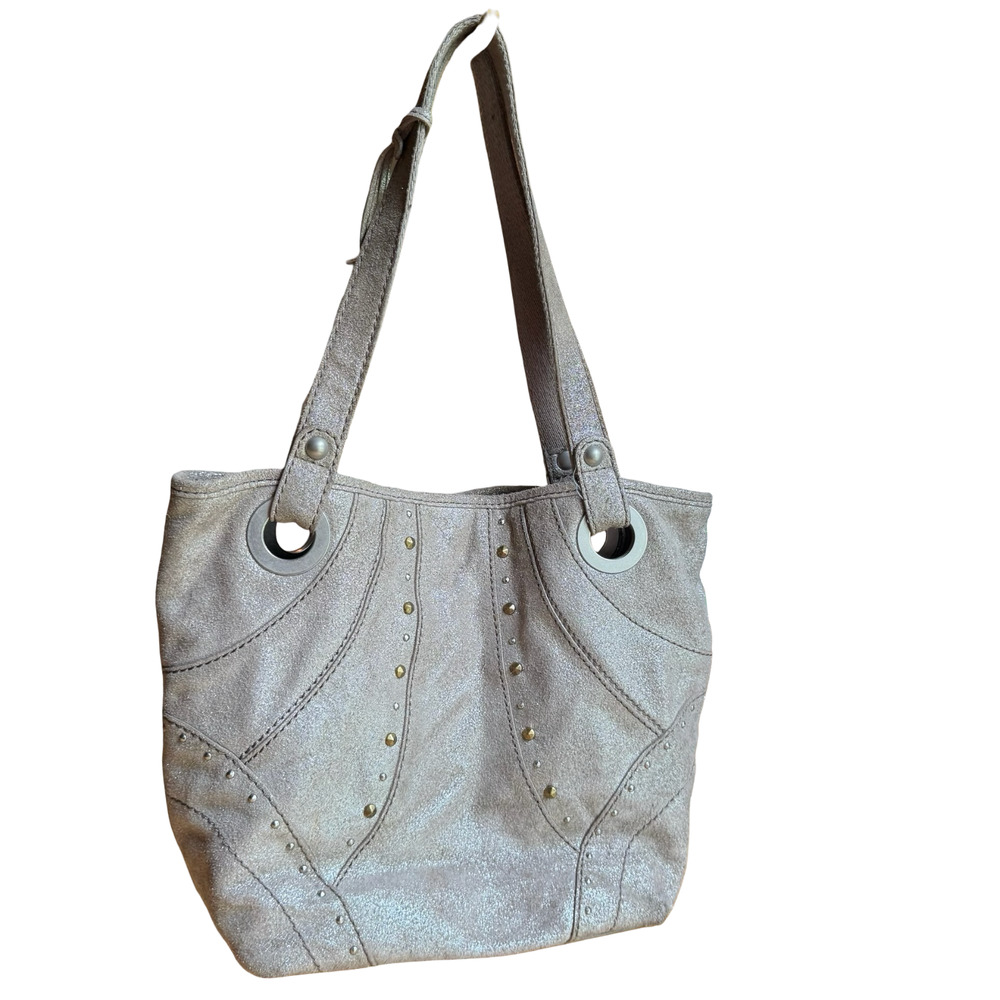 Fossil Metallic Suede Leather Double Handle Shoulder Bag Tote Purse 13x11x4